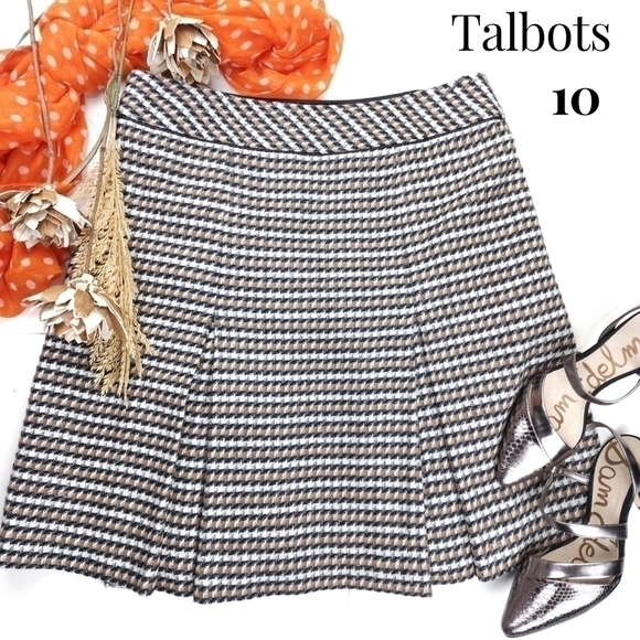 Talbots Grey White Cream Thick Plaid Pleated Knit Skirt Sz 10 - Picture 1 of 11